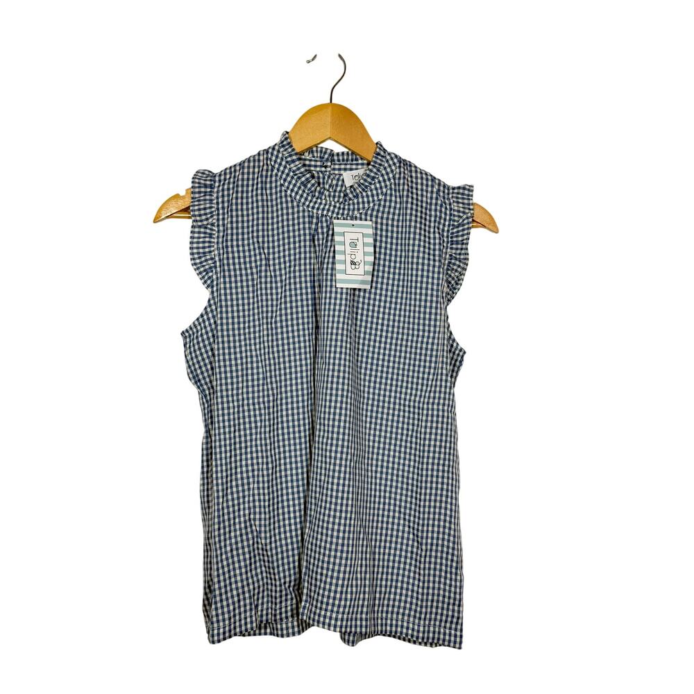 Tulip B Women’s Small Blue White Gingham Sleeveless Blouse Ruffle Mock‎ Neck NWT